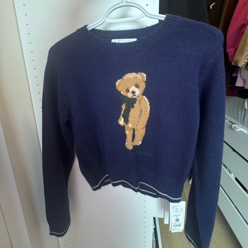 Japanese Lily Brown Navy Sweater with Teddy Bear Design